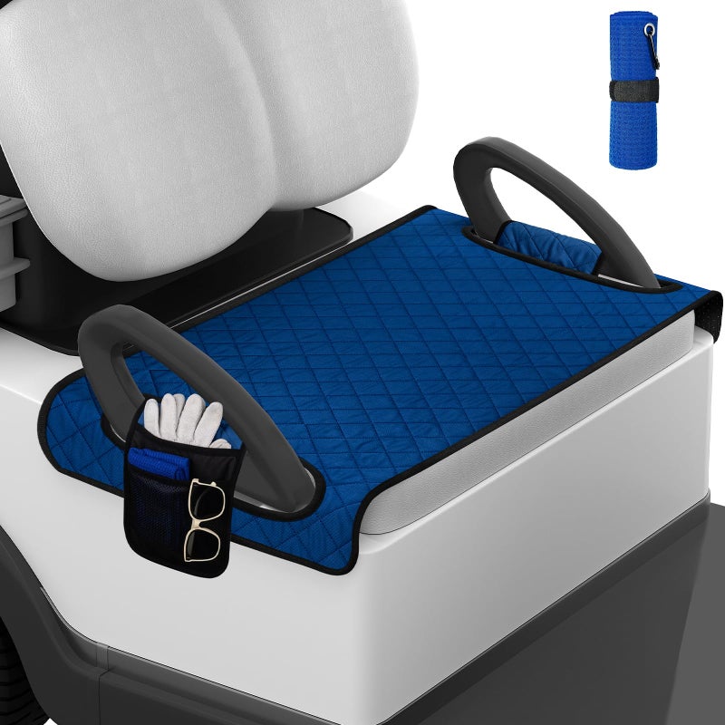 Triforde Golf Cart Seat Covers with Golf Towel , Golf Club Car seat Cover with 4 Side Pockets,100% Cotton Surface, Warm &Comfortable,Universal Fits for EZGO, Yamaha, Club Car and More 2 Person Seats (Blue) - Image 1
